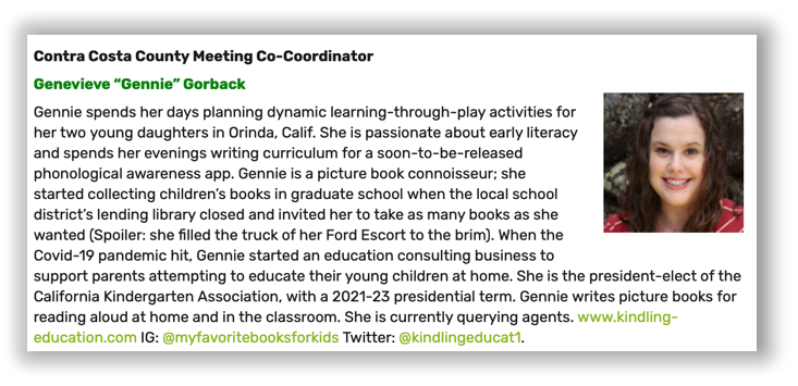 Gennie is the county co-coordinator for her local SCBWI.